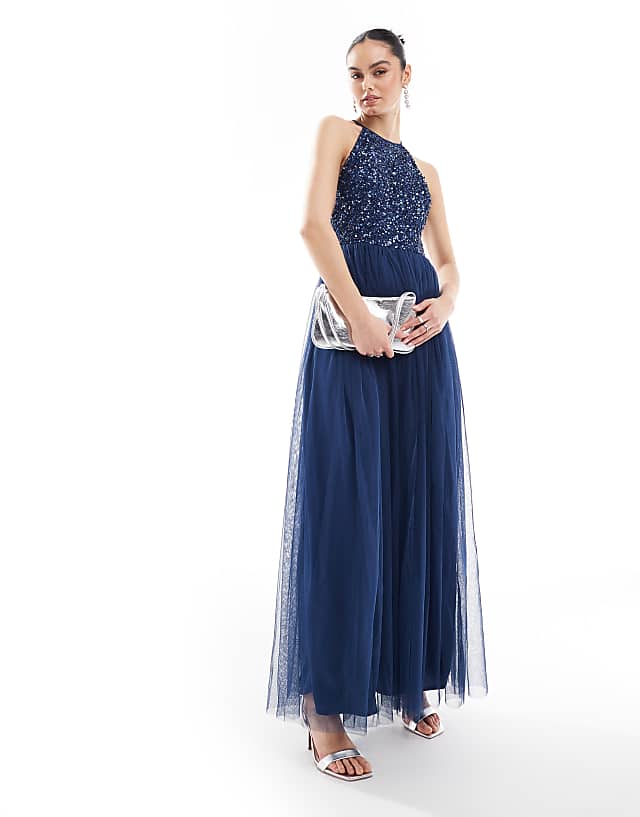 asos Maya Embellished halter neck maxi dress in french navy