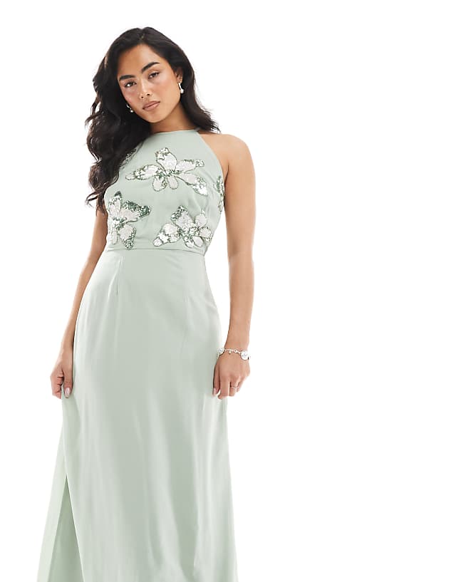 Asos Maya Embellished Halter Neck Maxi Dress In Sage Green