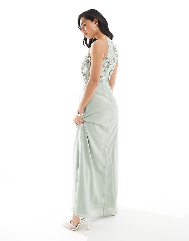 Asos Maya Embellished Halter Neck Maxi Dress In Sage Green