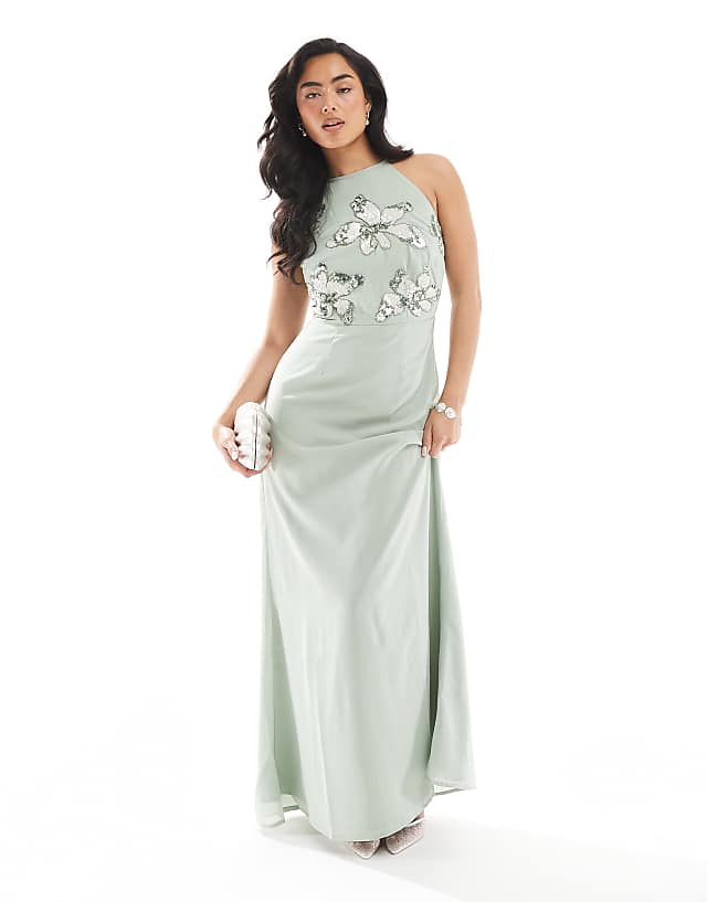 asos Maya Embellished halter neck maxi dress in sage green