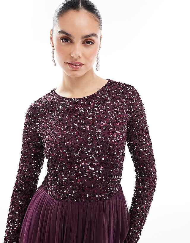 Asos Maya Embellished Long Sleeve Maxi Dress In Berry