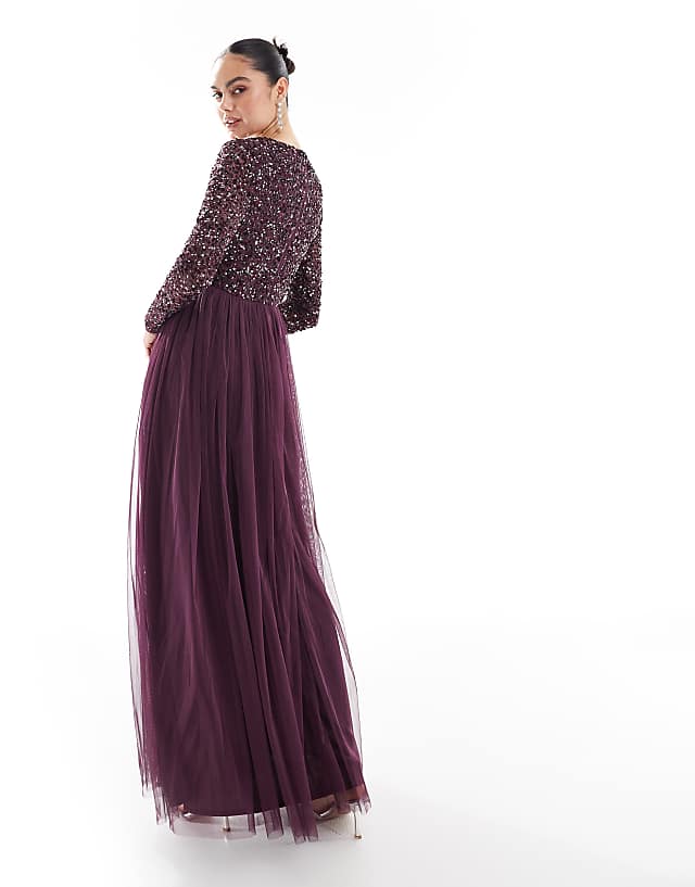 Asos Maya Embellished Long Sleeve Maxi Dress In Berry