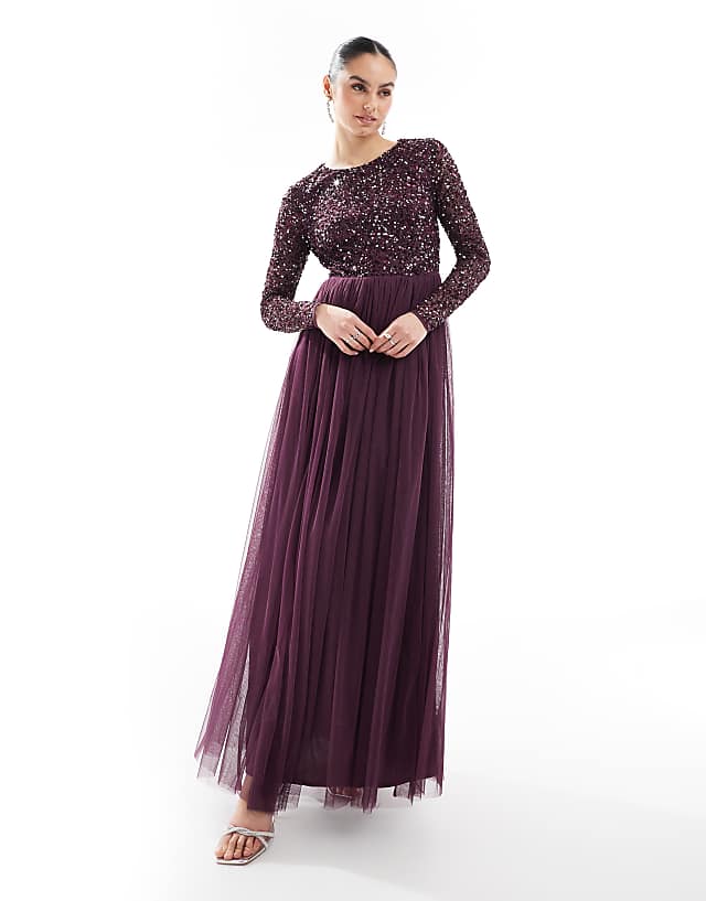 asos Maya Embellished long sleeve maxi dress in berry