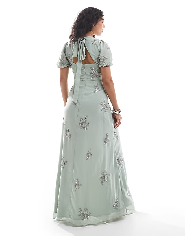 Asos Maya Embellished Open Back Bridesmaid Maxi Dress In Sage Green