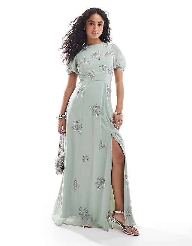 asos Maya Embellished open back bridesmaid maxi dress in sage green