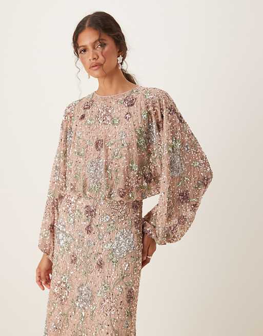 Asos Maya Embellished Round Neck Long Sleeve Maxi Dress In Multi