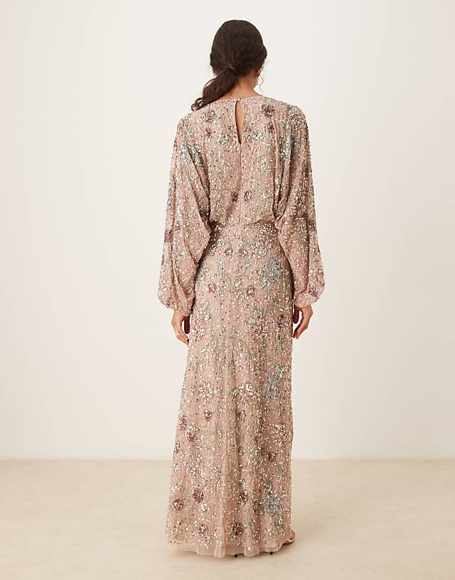 Asos Maya Embellished Round Neck Long Sleeve Maxi Dress In Multi