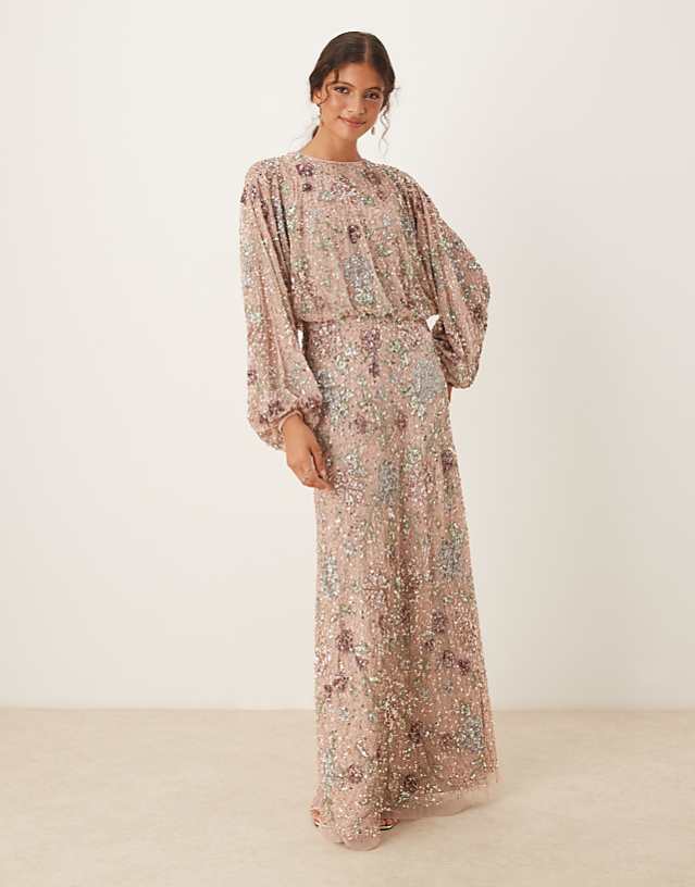 asos Maya Embellished round neck long sleeve maxi dress in multi