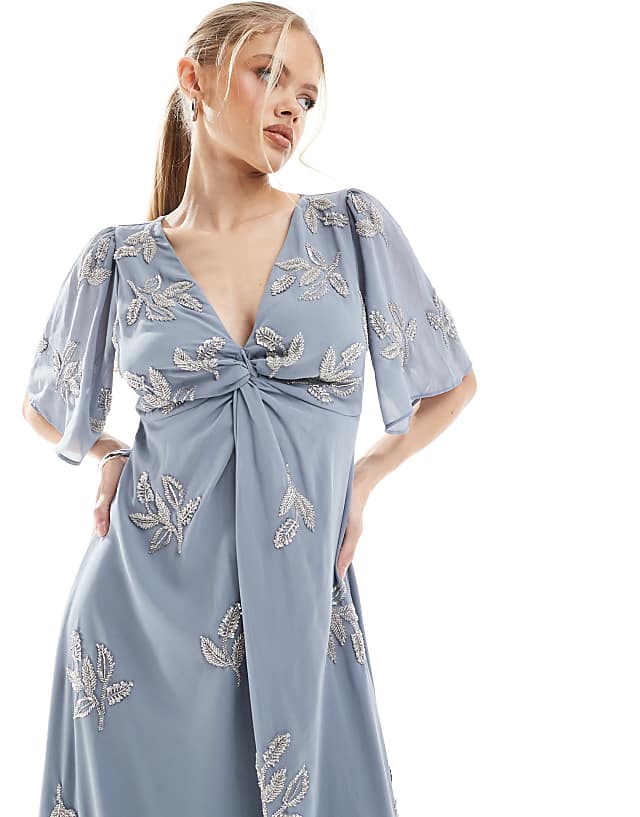 Asos Maya Embellished Short Angel Sleeve Maxi Dress In Dusty Blue