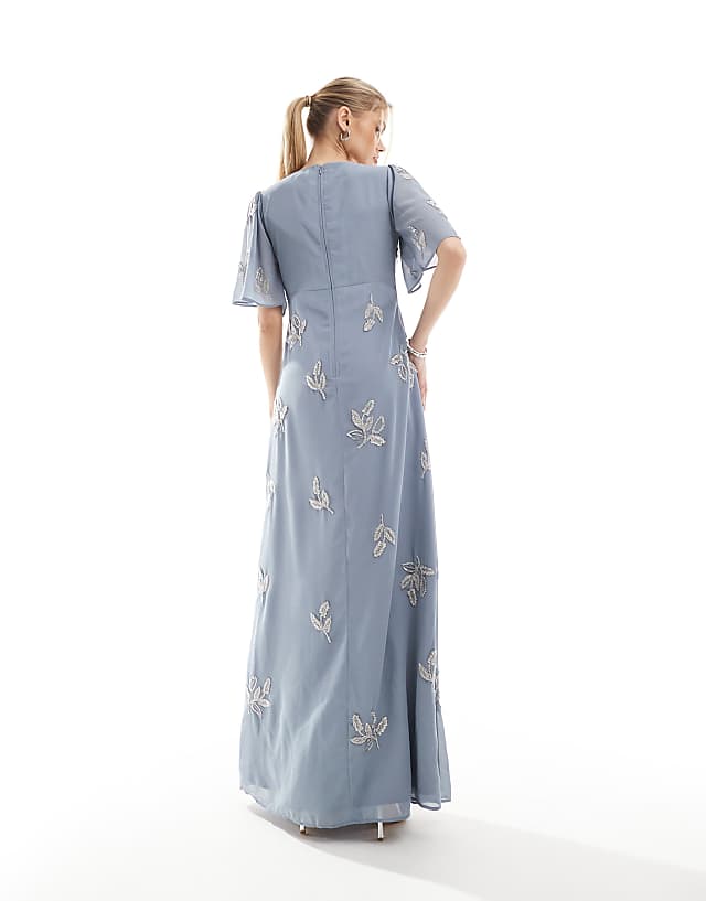 Asos Maya Embellished Short Angel Sleeve Maxi Dress In Dusty Blue