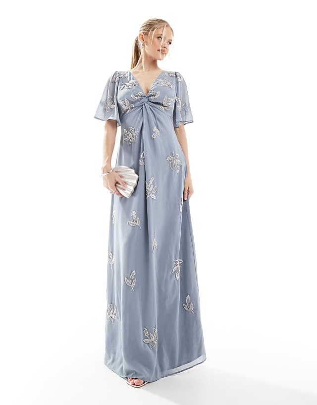 asos Maya Embellished short angel sleeve maxi dress in dusty blue