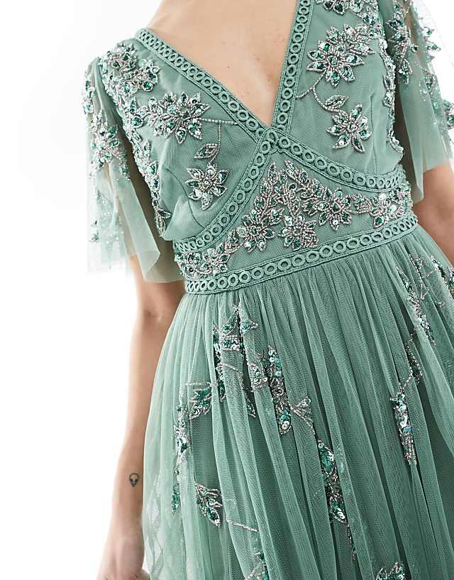 Asos Maya Embellished Short Sleeve Midi Dress In Dark Sage