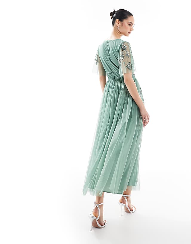 Asos Maya Embellished Short Sleeve Midi Dress In Dark Sage