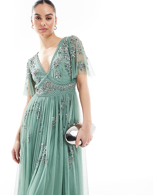 Asos Maya Embellished Short Sleeve Midi Dress In Dark Sage