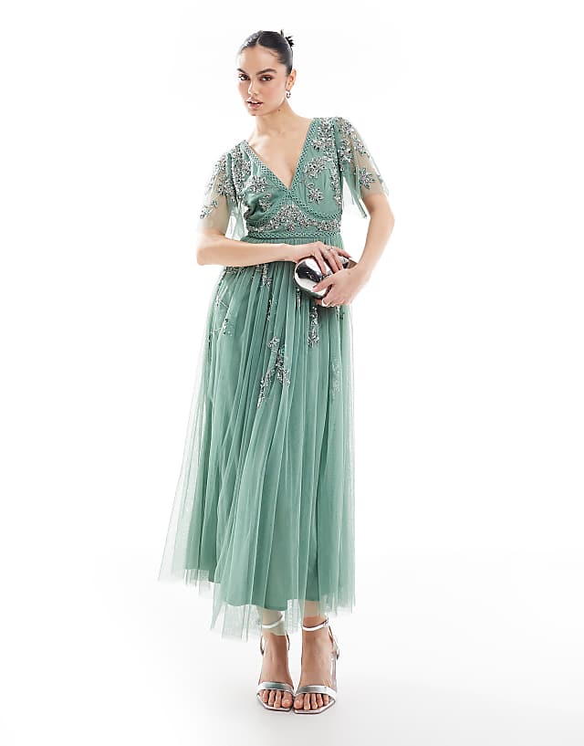asos Maya Embellished short sleeve midi dress in dark sage
