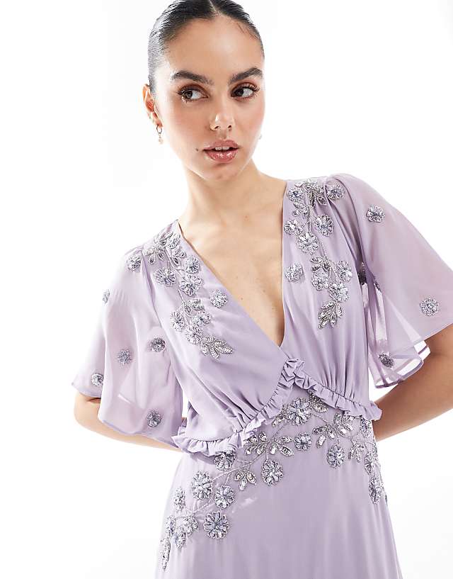 Asos Maya Embellished Short Sleeve Ruffled Maxi Dress In Thistle Lilac