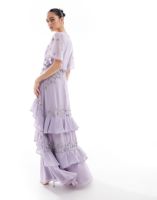 Asos Maya Embellished Short Sleeve Ruffled Maxi Dress In Thistle Lilac