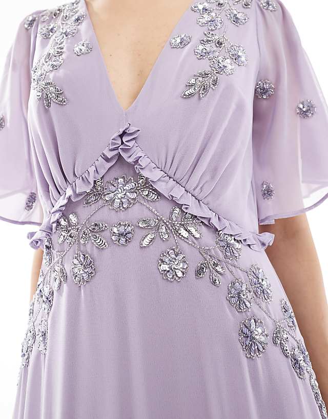 Asos Maya Embellished Short Sleeve Ruffled Maxi Dress In Thistle Lilac