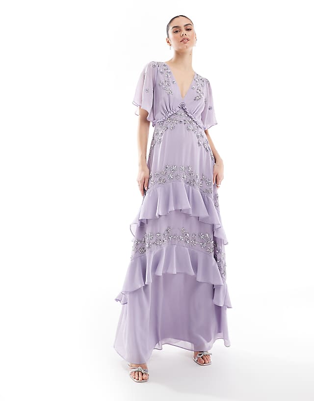 asos Maya Embellished short sleeve ruffled maxi dress in thistle lilac