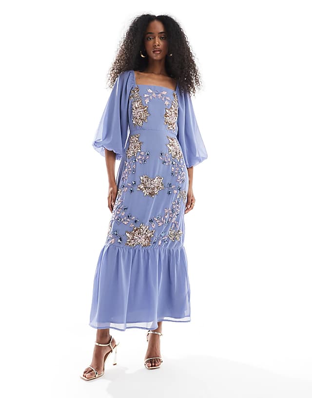 asos Maya Embellished square neck midaxi dress in lavender blue