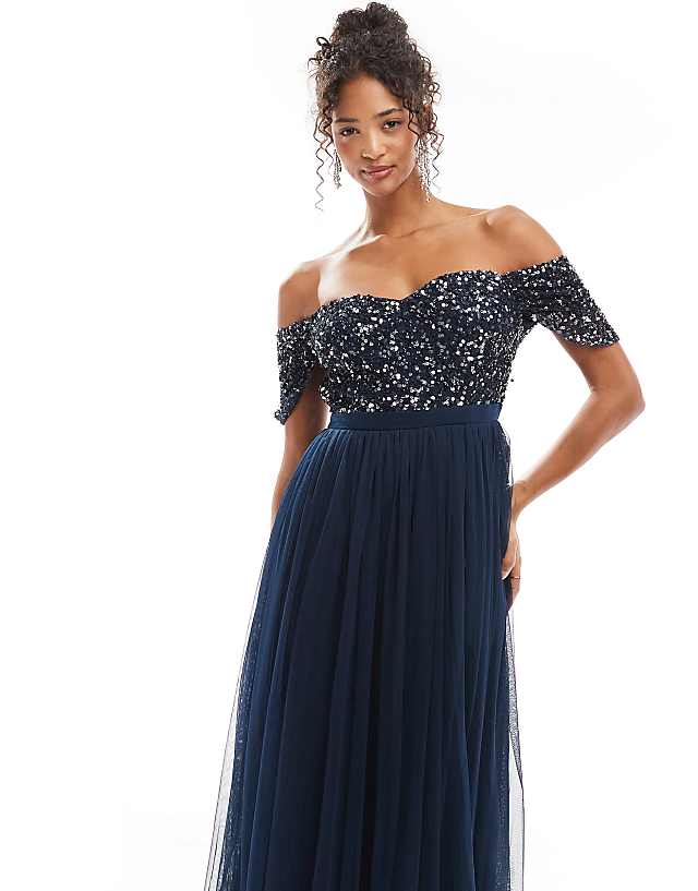 Asos Maya Embellished Sweetheart Bardot Bridesmaid Maxi Dress In Navy