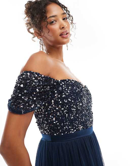 Asos Maya Embellished Sweetheart Bardot Bridesmaid Maxi Dress In Navy