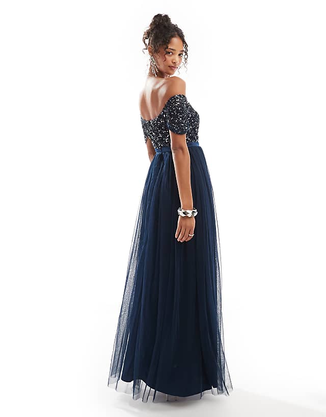 Asos Maya Embellished Sweetheart Bardot Bridesmaid Maxi Dress In Navy