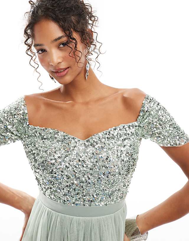 Asos Maya Embellished Sweetheart Bardot Bridesmaid Maxi Dress In Sage Green