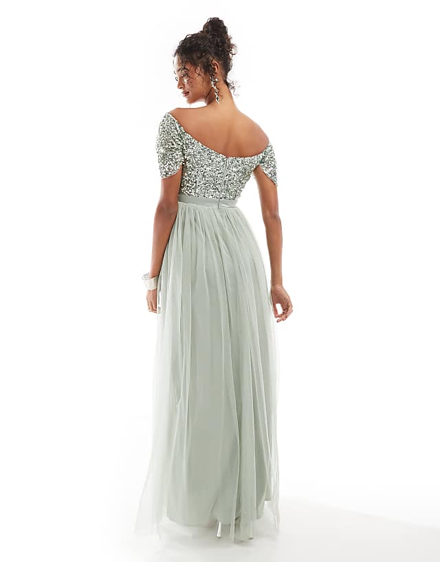 Asos Maya Embellished Sweetheart Bardot Bridesmaid Maxi Dress In Sage Green