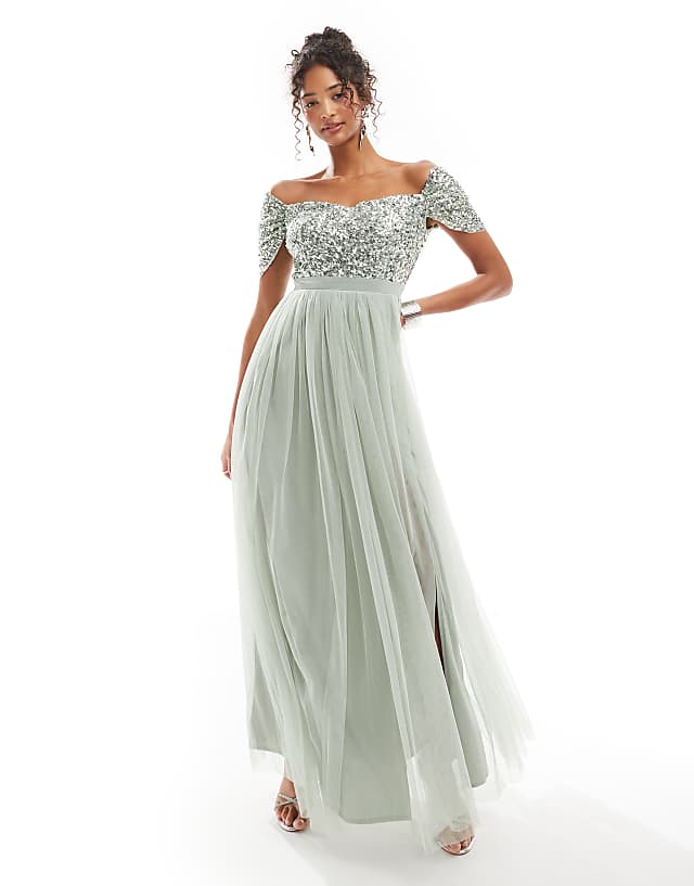 asos Maya Embellished sweetheart bardot bridesmaid maxi dress in sage green