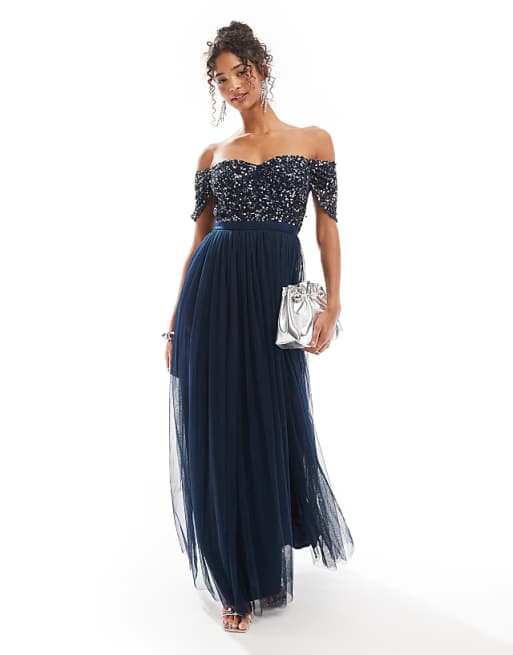 asos Maya Embellished sweetheart bardot bridesmaid maxi dress in navy