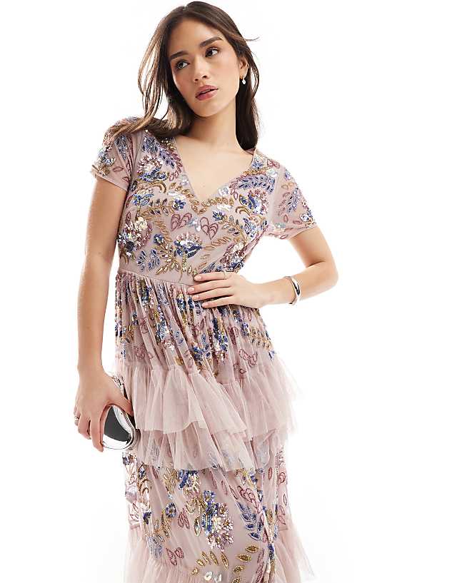 Asos Maya Embellished V Neck Tiered Maxi Dress In Frosted Pink