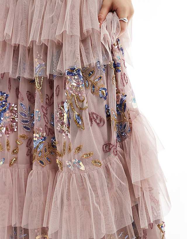 Asos Maya Embellished V Neck Tiered Maxi Dress In Frosted Pink