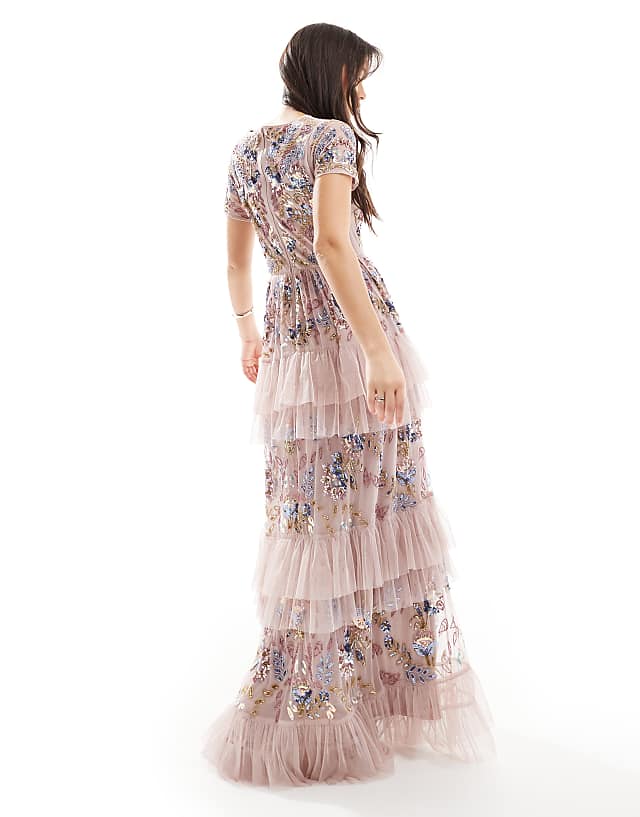 Asos Maya Embellished V Neck Tiered Maxi Dress In Frosted Pink