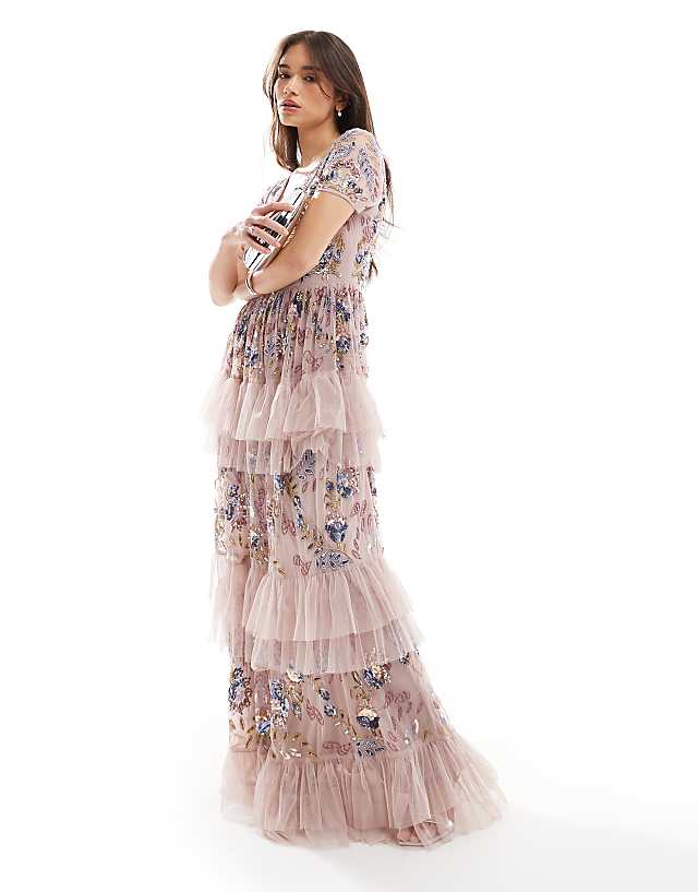 asos Maya Embellished v neck tiered maxi dress in frosted pink