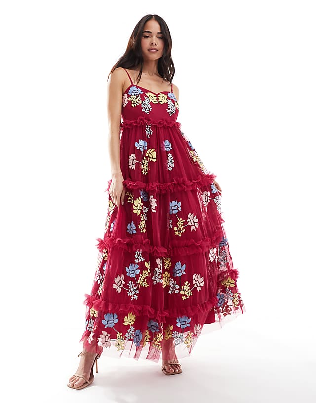 asos Maya Embroidered cami midaxi dress in bright pink