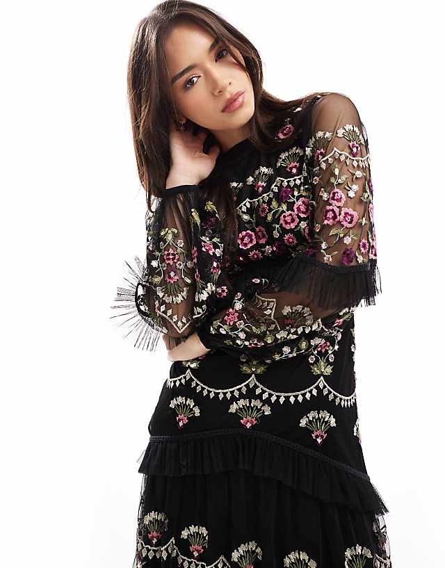 Asos Maya Embroidered Long Sleeve Maxi Dress In Black