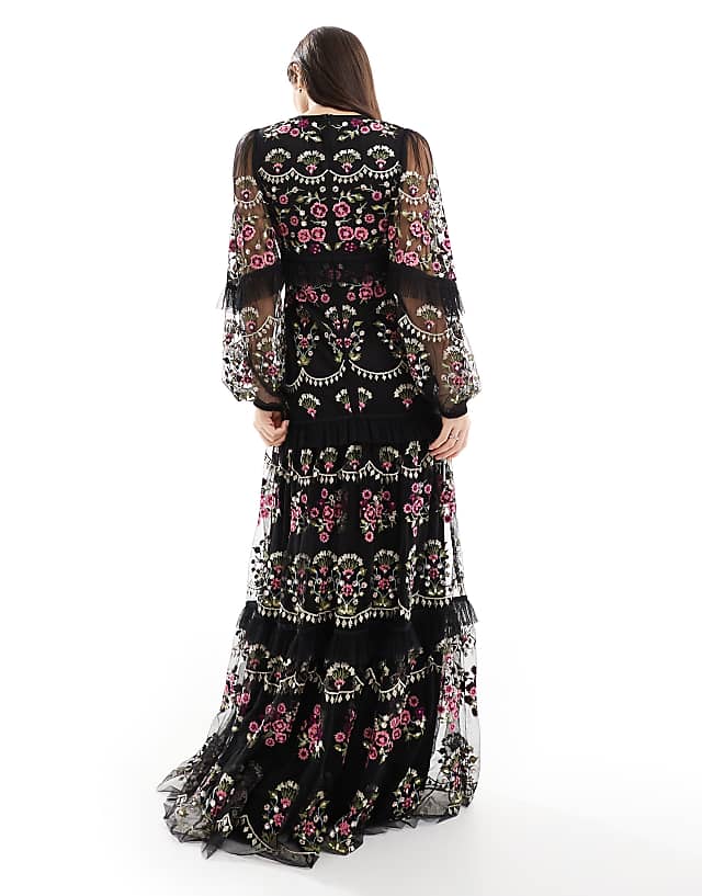 Asos Maya Embroidered Long Sleeve Maxi Dress In Black