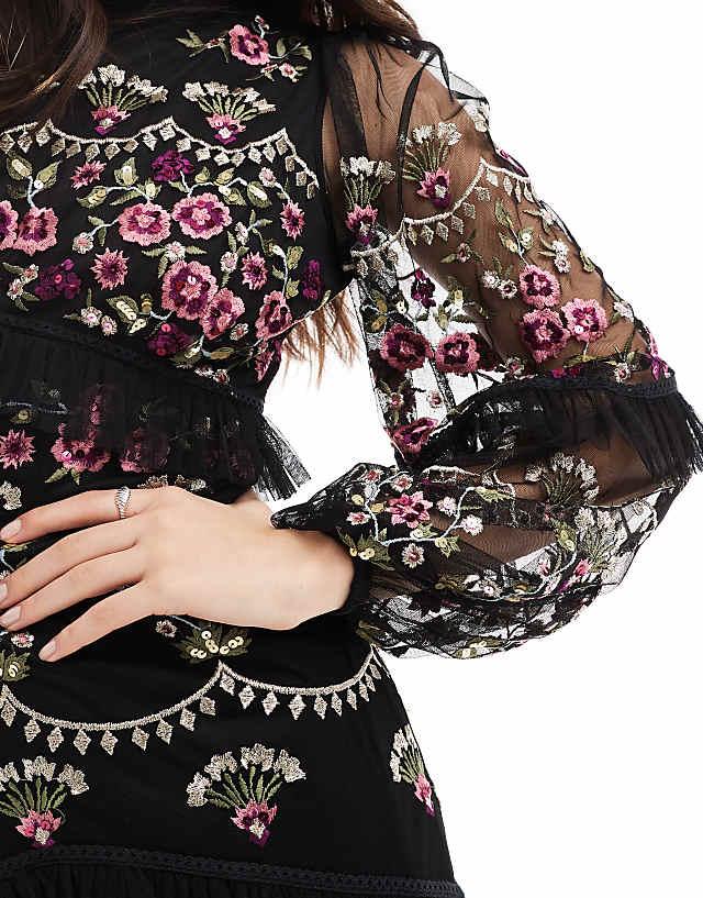 Asos Maya Embroidered Long Sleeve Maxi Dress In Black