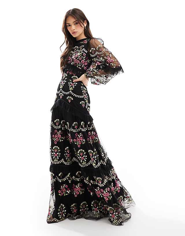 asos Maya Embroidered long sleeve maxi dress in black