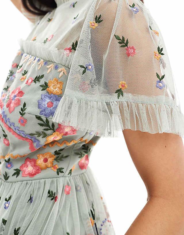 Asos Maya Embroidered Short Sleeve High Neck Mini Dress In Sage Green