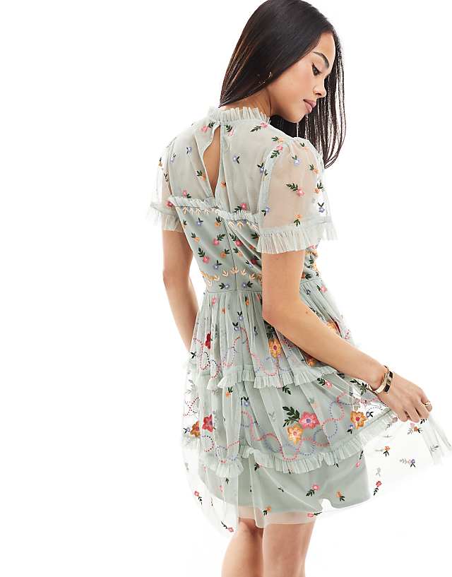 Asos Maya Embroidered Short Sleeve High Neck Mini Dress In Sage Green