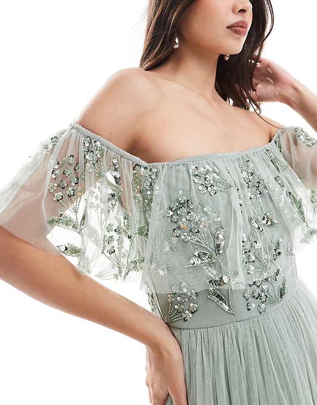 Asos Maya Floral Embellished Bardot Bridesmaid Maxi Dress In Sage Green
