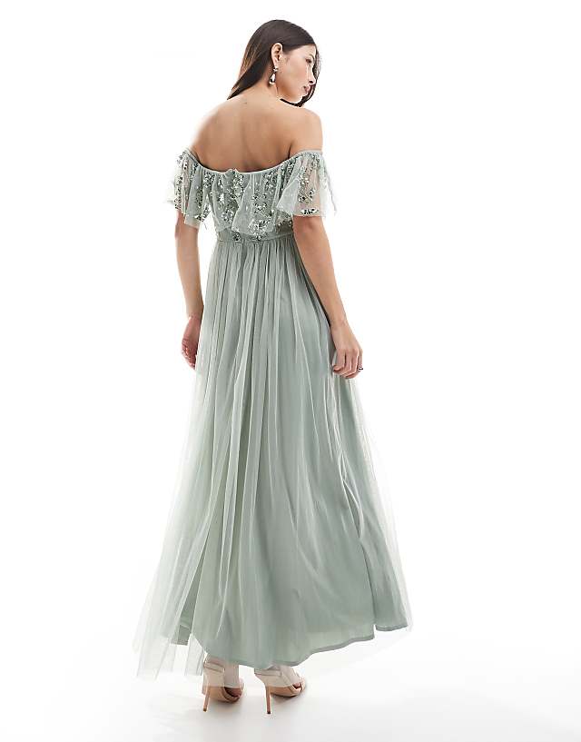 Asos Maya Floral Embellished Bardot Bridesmaid Maxi Dress In Sage Green