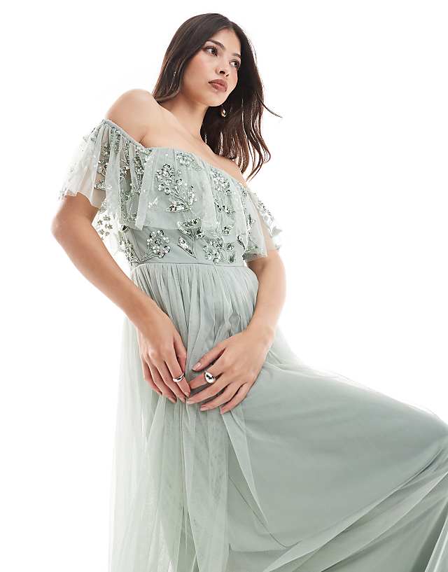 Asos Maya Floral Embellished Bardot Bridesmaid Maxi Dress In Sage Green