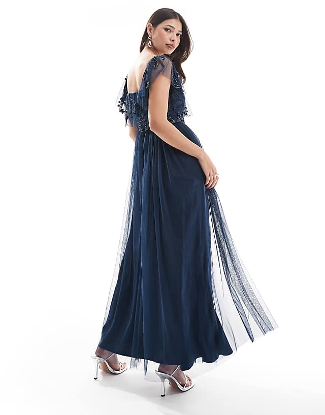 Asos Maya Floral Embellished Bardot Bridesmaid Maxi Dress In Navy