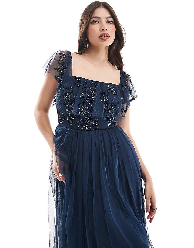 Asos Maya Floral Embellished Bardot Bridesmaid Maxi Dress In Navy