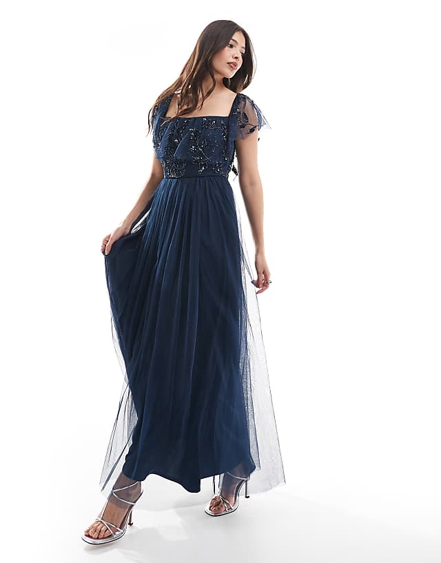 asos Maya Floral embellished bardot bridesmaid maxi dress in navy