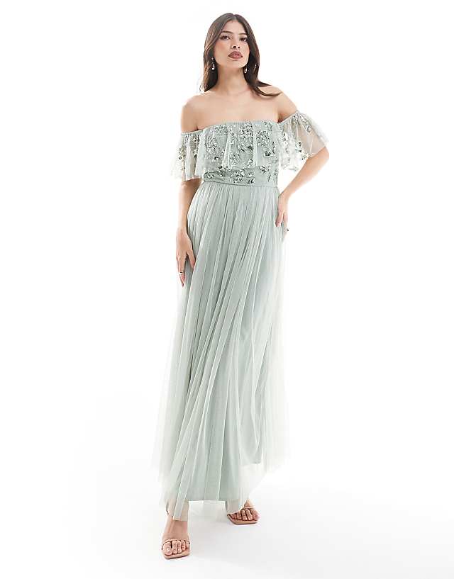 asos Maya Floral embellished bardot bridesmaid maxi dress in sage green