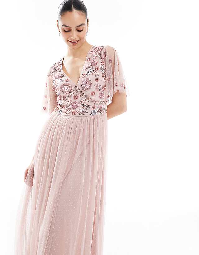 Asos Maya Floral Embellished Polka Dot Mesh Maxi Bridesmaid Dress In Blush Pink